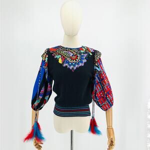 RARE 80s Marisa Christina Black Wool + Colored Silk Puff Sleeve Beaded Blouse